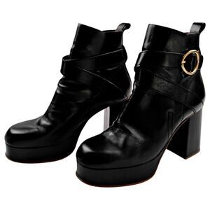 SEE By Chloe Black Leather Platform Wedge Ankle Boots Sz 40 9 / 9.5